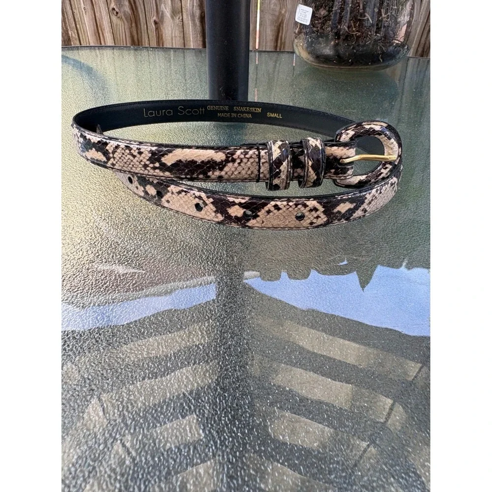 Laura Scott Genuine Snakeskin Belt Small Tan Black Animal Print Gold Buckle Slim